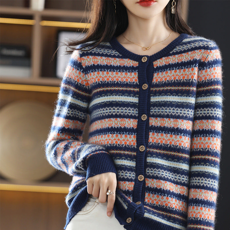 Women's Knitted Cardigan Mixed Color Stripe Contrast Color Jacquard Soft Glutinous Sweater Coat