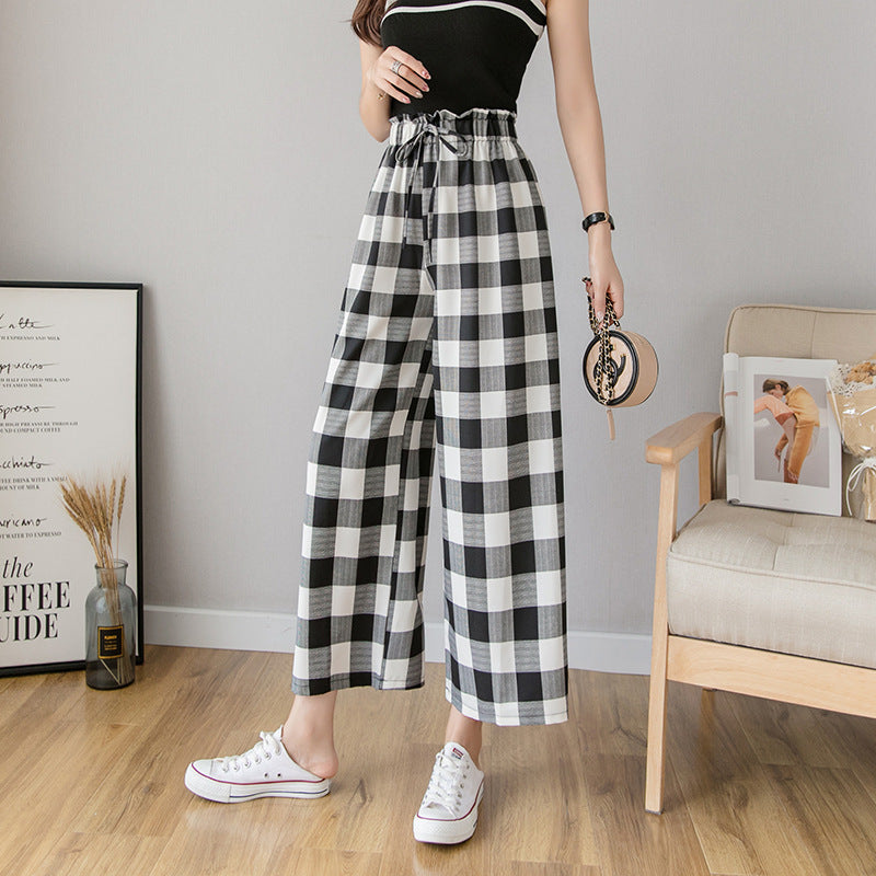 Wide-leg Pants Women's Plaid Polka-dot Nine-point High-waisted Straight Slim Loose Thin Casual Pants