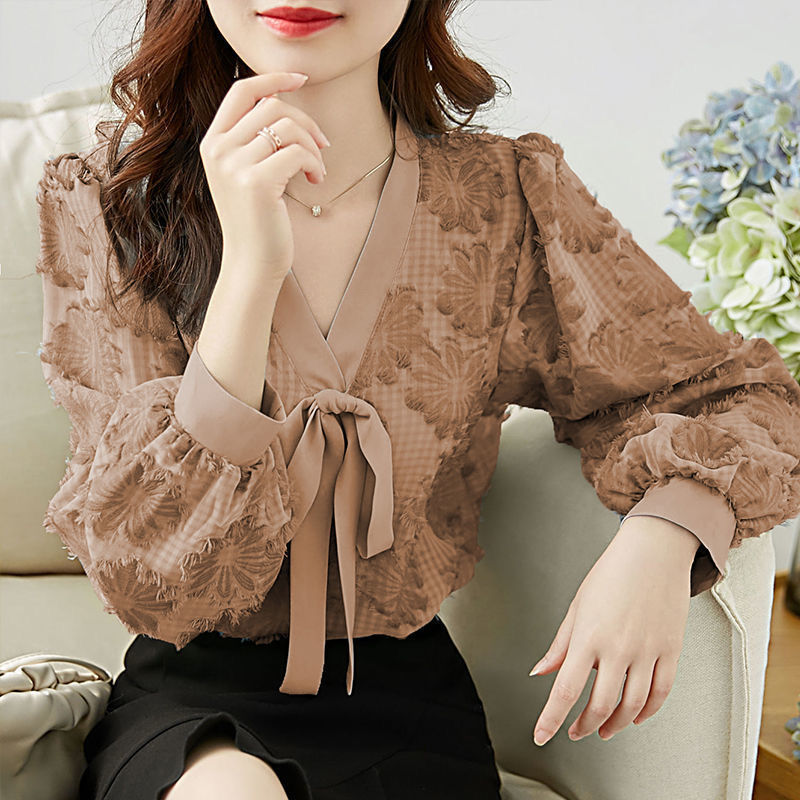 Lantern Sleeve Chiffon Shirt Women's Bowknot Loose Slimming Blouse