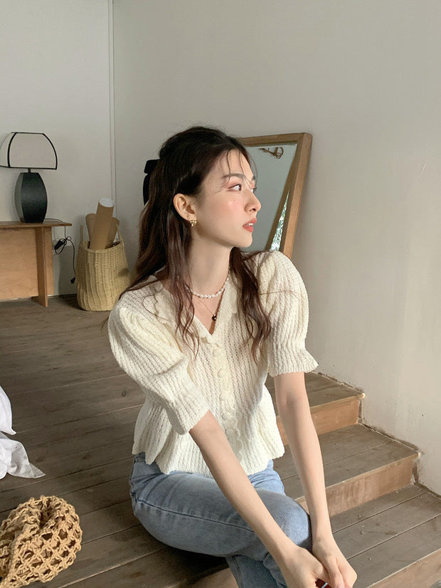 Gentle Romantic Lapel Puff Sleeve Slim Chic Top Crocheted Button Knitted Sweater Cardigan For Women