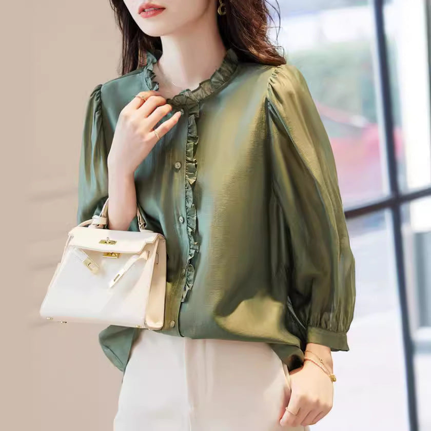Nine-quarter Sleeve Shirt Women's Puff Sleeve Thin Solid Color Top