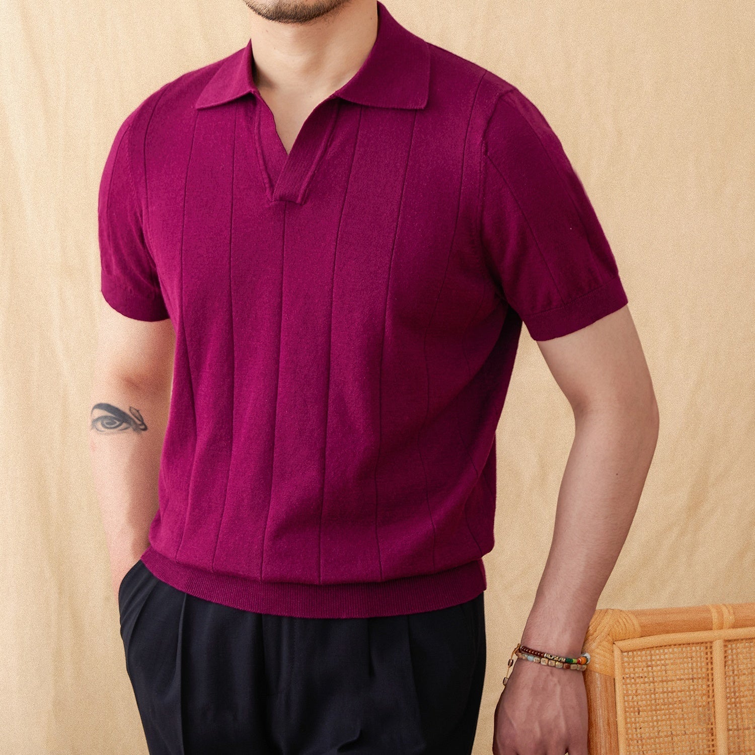 Cotton And Linen Sunken Stripe Knitted Short Sleeve POLO Seagull Collar Top
