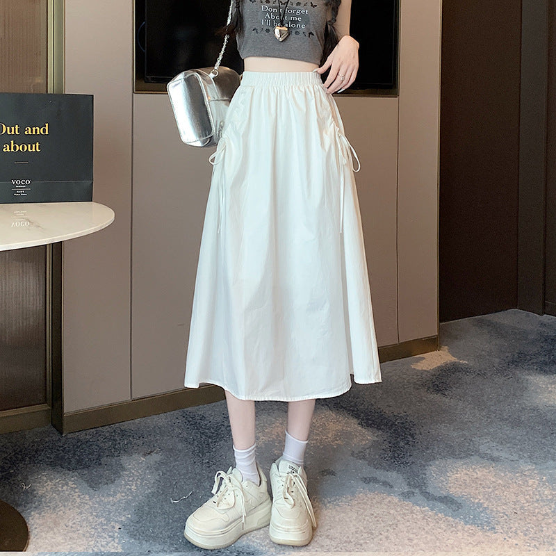 Elastic Waist Pure Color Tied Drawstring Pocket Large Swing Skirt Mid-length French Cotton Suit Skirt