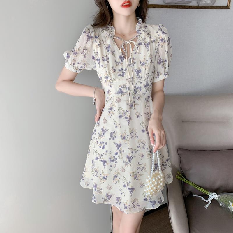 French Puff Sleeves Small Waist Slim A-line Skirt