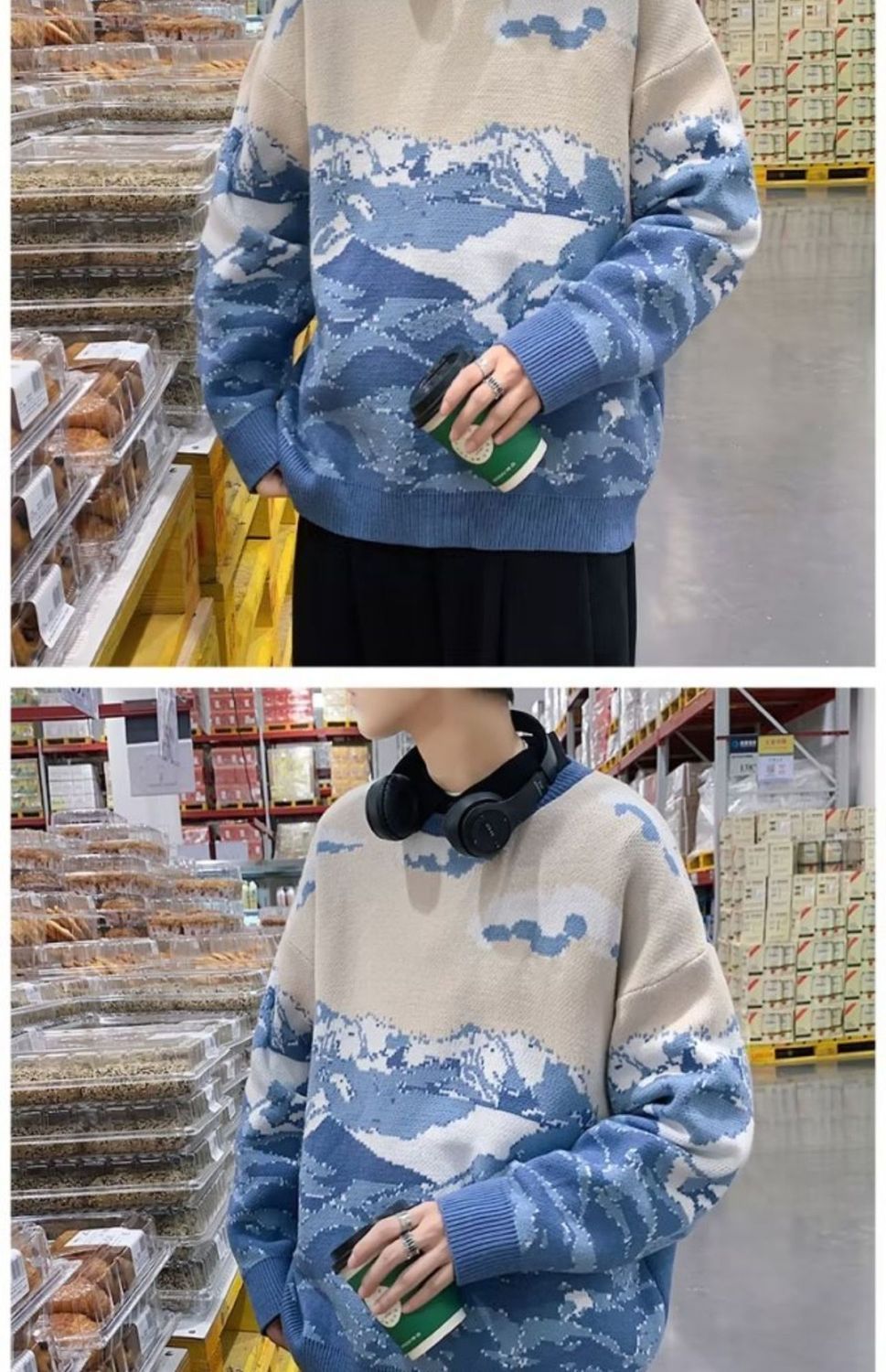 American Fashion Brand Retro Snow Mountain Tie-dye Crew Neck Pullover Sweater