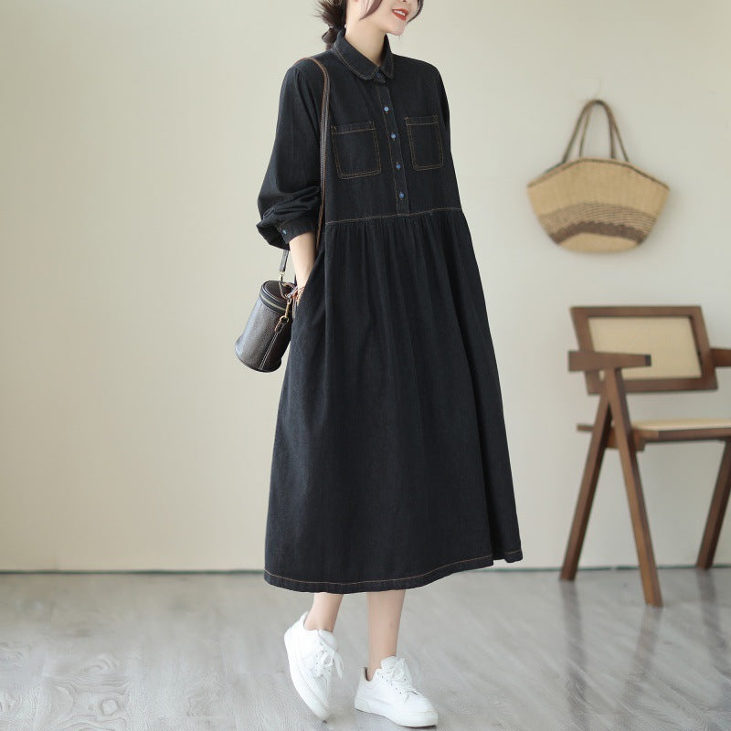 Anti-aging Long Sleeves Denim Mid-length Dress Casual Loose Pullover Doll Collar Denim Skirt