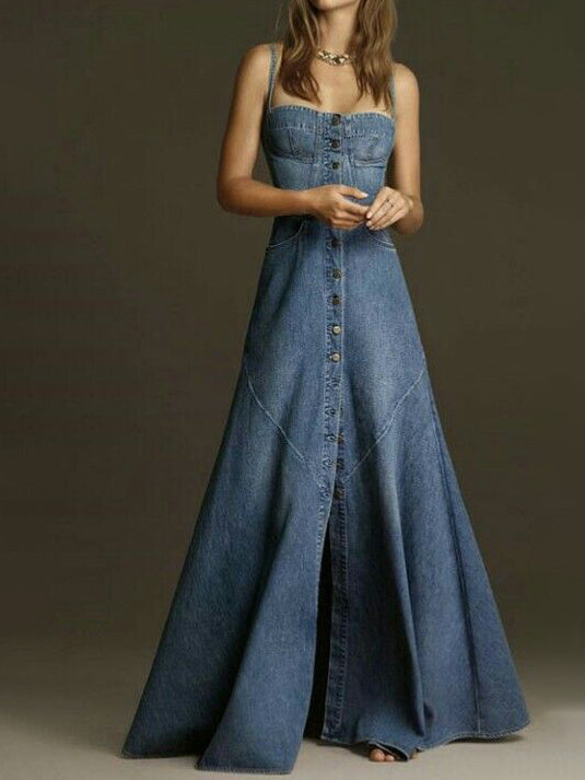 Denim Single-breasted Suspender Dress