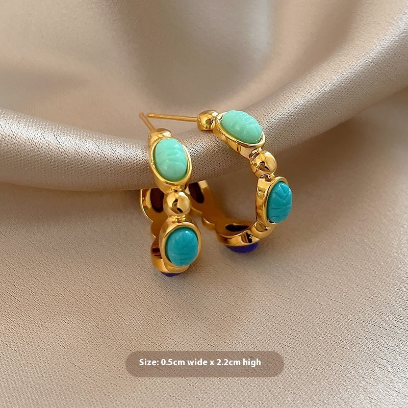 Natural Stone Stud Earrings Round Diamond Gold-plated Earrings