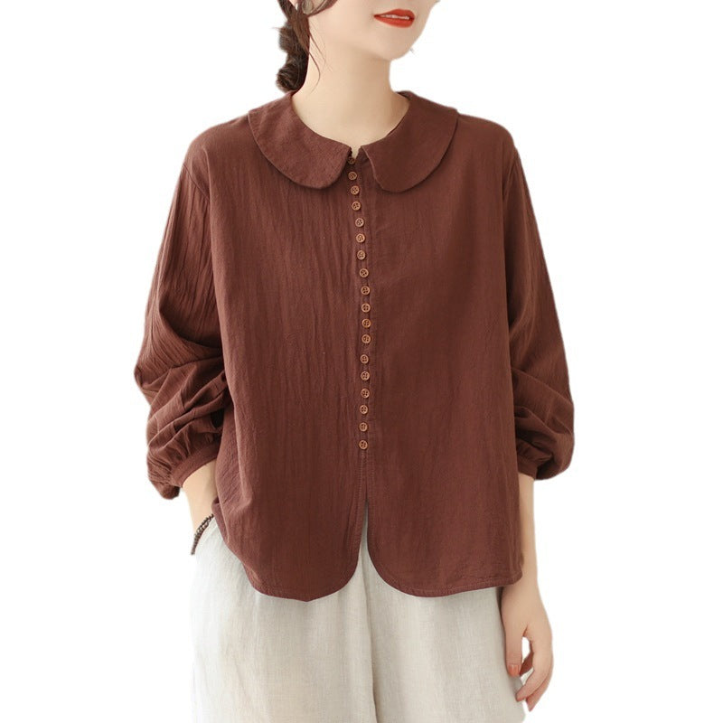 Women's Simple Doll Collar Cotton Linen Long Sleeve Blouse