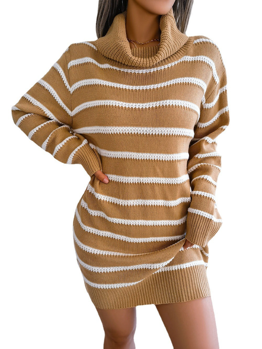 Casual Turtleneck Striped Dress Long Sleeve Base Sweater Dress