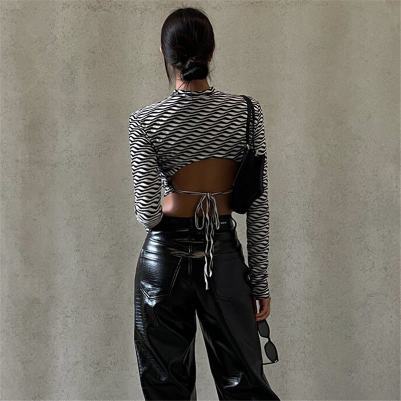 Printed Sexy Back Hollow Lace-up Long-sleeved T-shirt