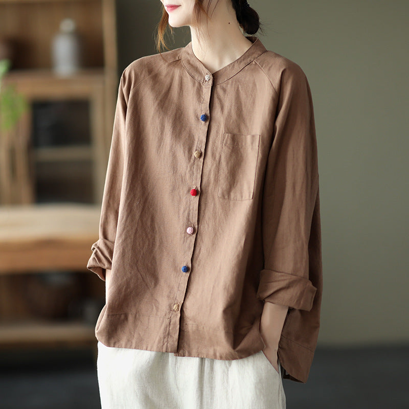 Retro Cotton And Linen Shirt Lady Literature Loose Lapel Long Sleeves Shirt