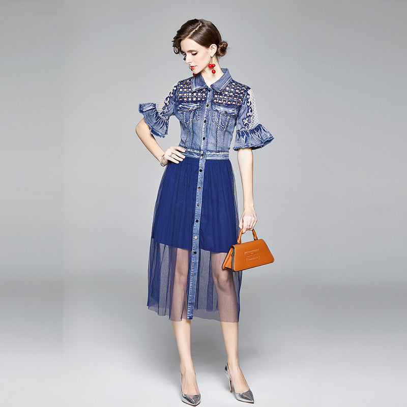 Beaded Hollow Mesh Denim Panel Dress