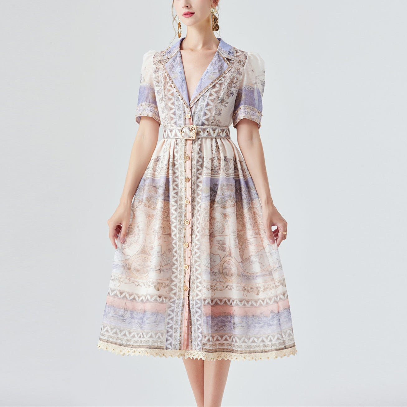 Australian Luxury High Version Stitching Lace Heavy Industry Beads Midi Dress