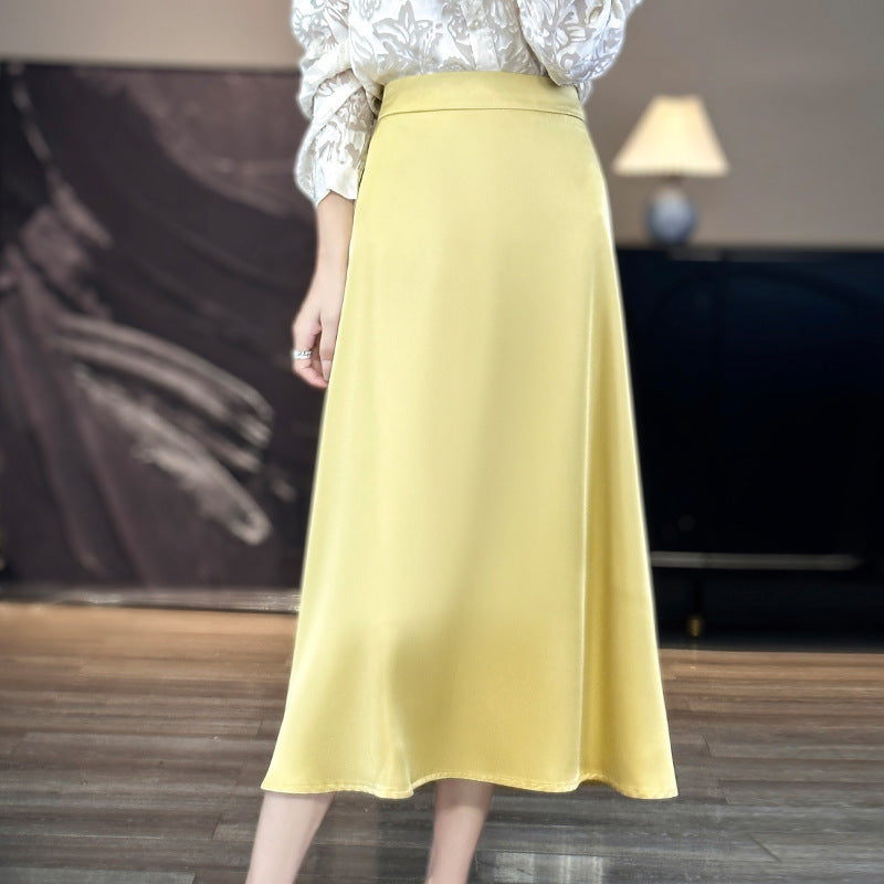 Water Ripple Skirt Silk Texture Mid-length High Waist Solid Color Skirt