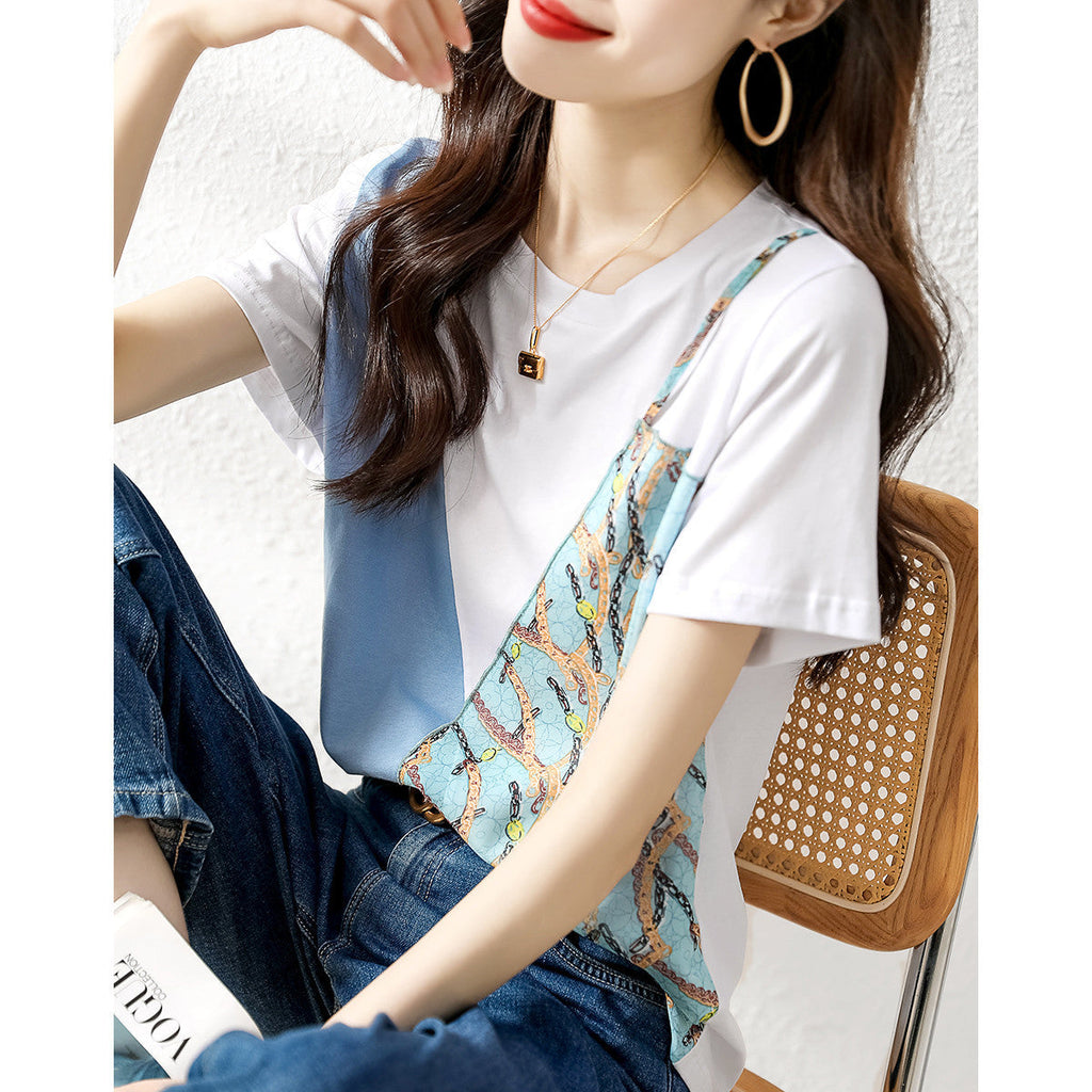 Printed Elegant Stitching Exquisite Commute Minimalist Temperament Crew Neck Short Sleeve