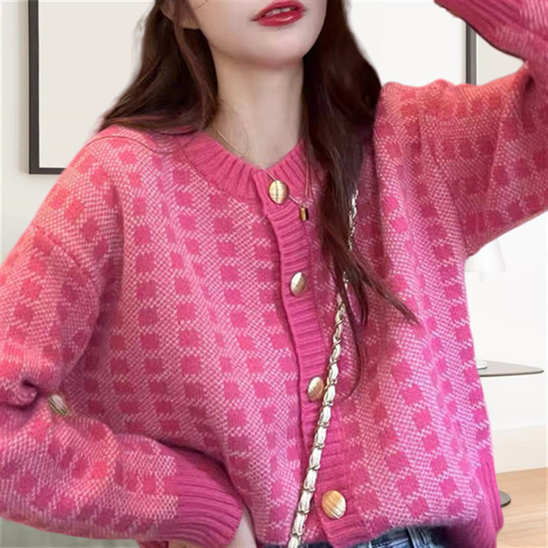 Women's Plaid Loose Knitwear Sweater Coat