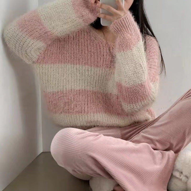 Autumn Winter Retro Lazy And Loose Round Neck Contrast Color Striped Sweater