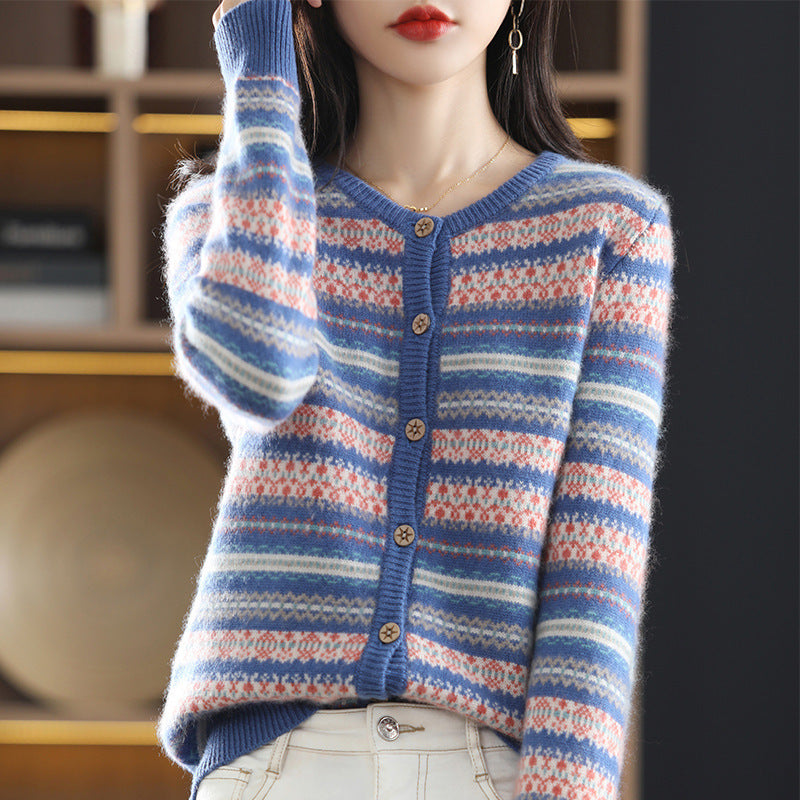 Women's Knitted Cardigan Mixed Color Stripe Contrast Color Jacquard Soft Glutinous Sweater Coat