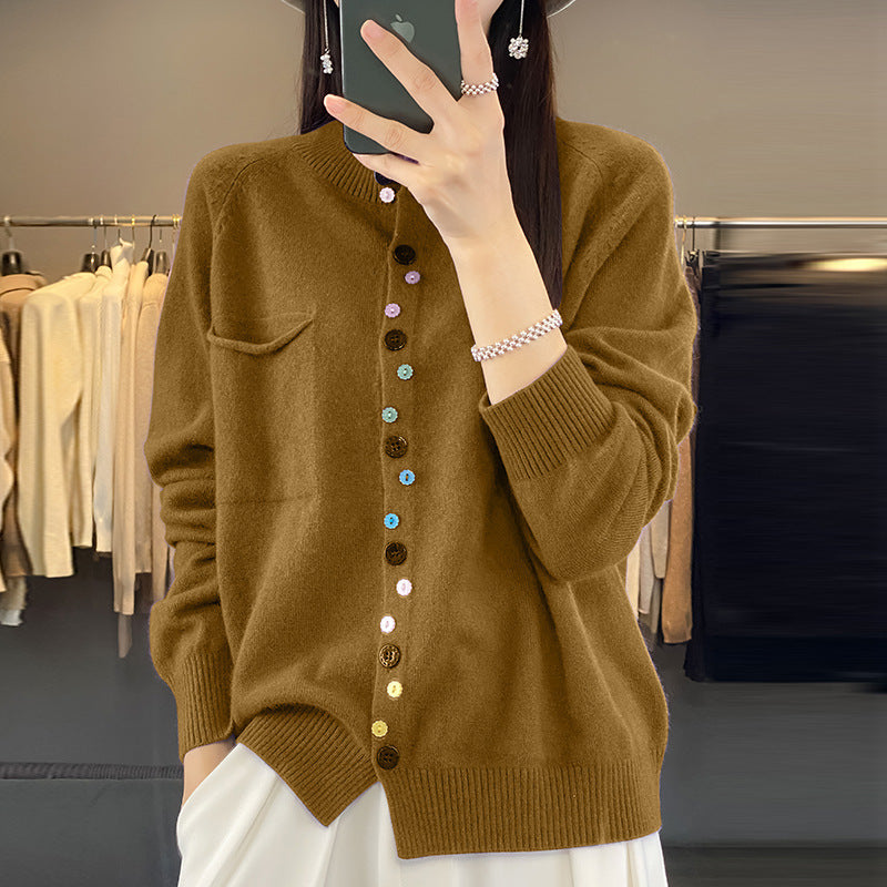 Women's Round Neck Knitted Cardigan With Color Buckle Inner Wear Blouse