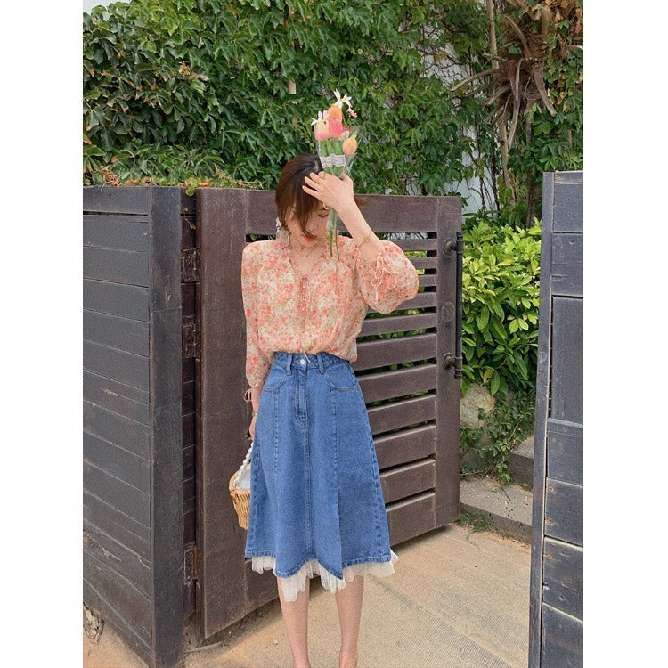 Mid-length Slit Design Niche Mesh Stitching Skirt