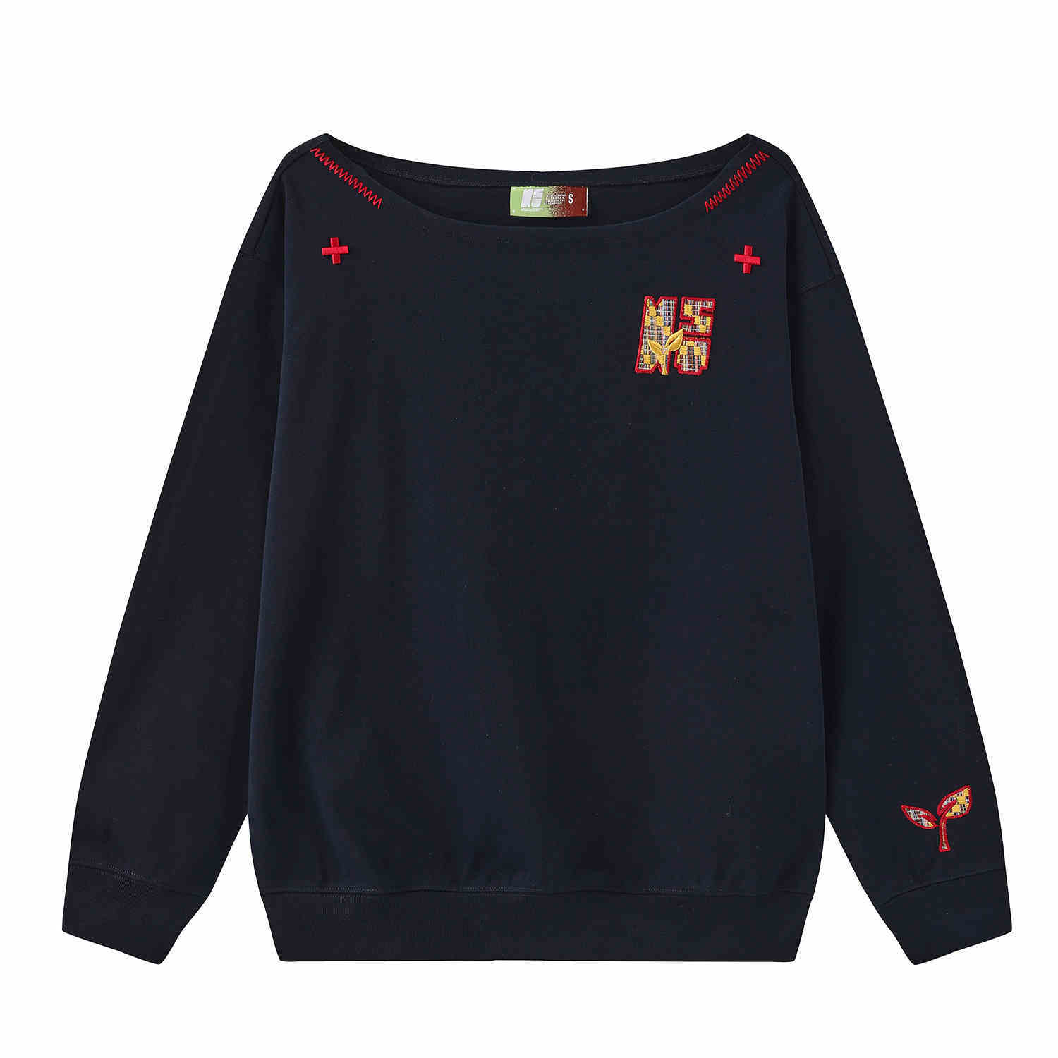 Women's Paste Cloth Embroidery Slant Shoulder Loose Long Sleeve Top