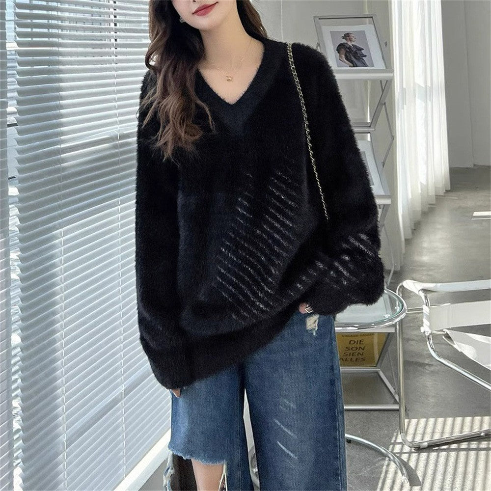 New Gentle Soft Glutinous Sweater Women's V-neck Imitated Mink
