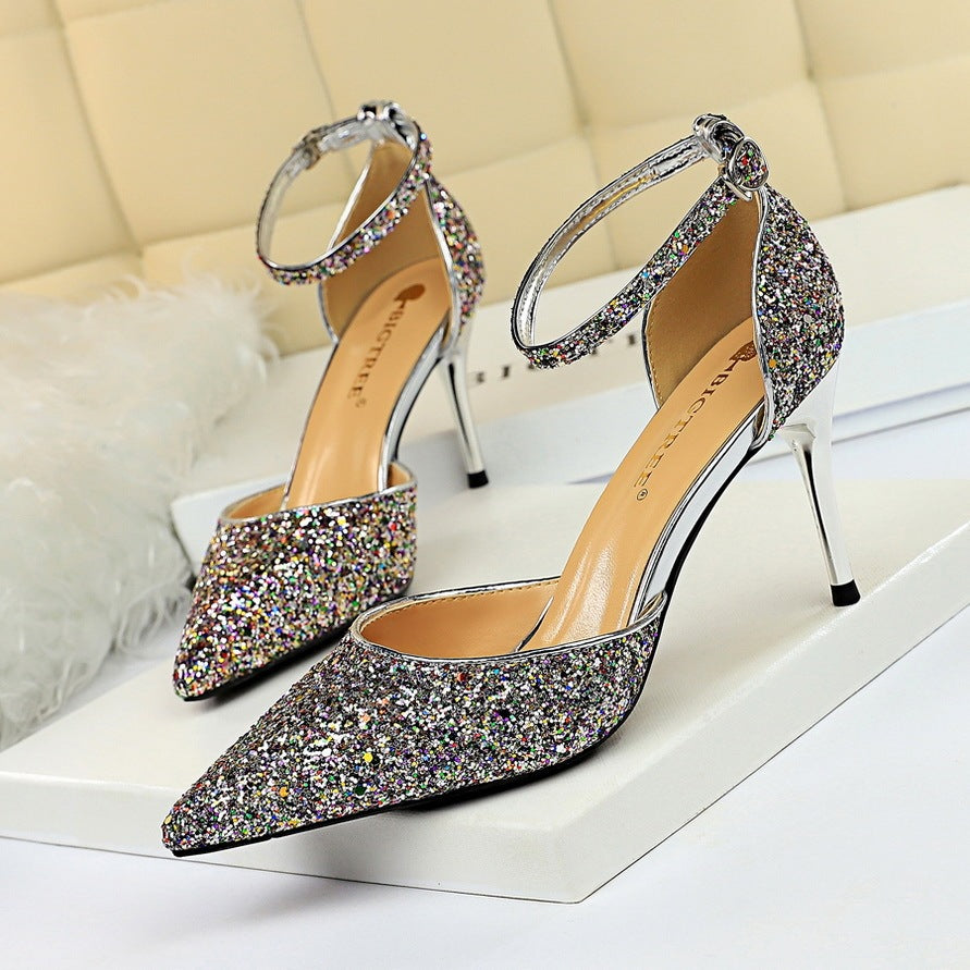 European and American style stiletto high-heeled shallow mouth pointed toe hollow sequin sexy nightclub slimming word with female sandals