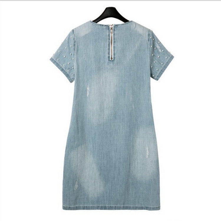 Summer new European and American large size women's washed beaded loose short-sleeved denim dress