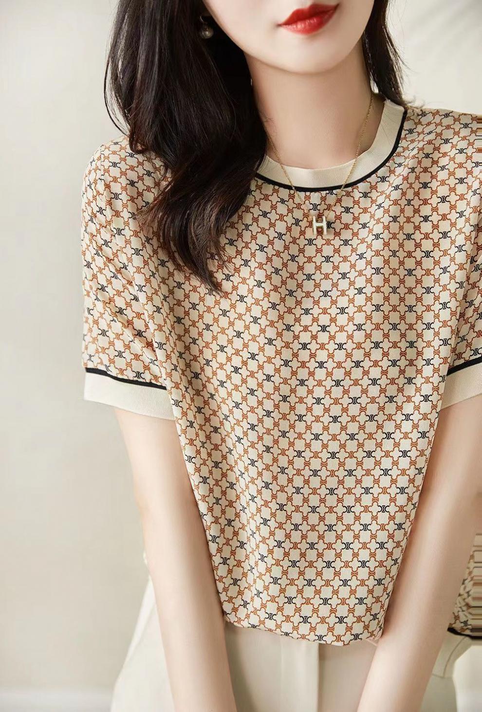 Artificial Silk Loose Slimming Ice Silk Top Printed Chiffon Shirt Fashionable Temperament Short Sleeve T-shirt