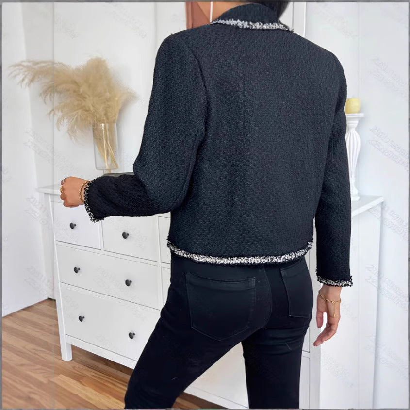 European And American Black Tweed Coat