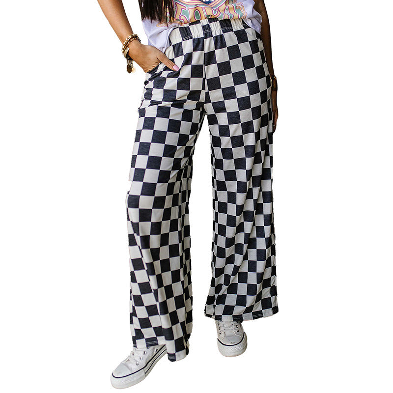 Spring New Chessboard Plaid Printed Casual All-match Loose Wide-leg Pants