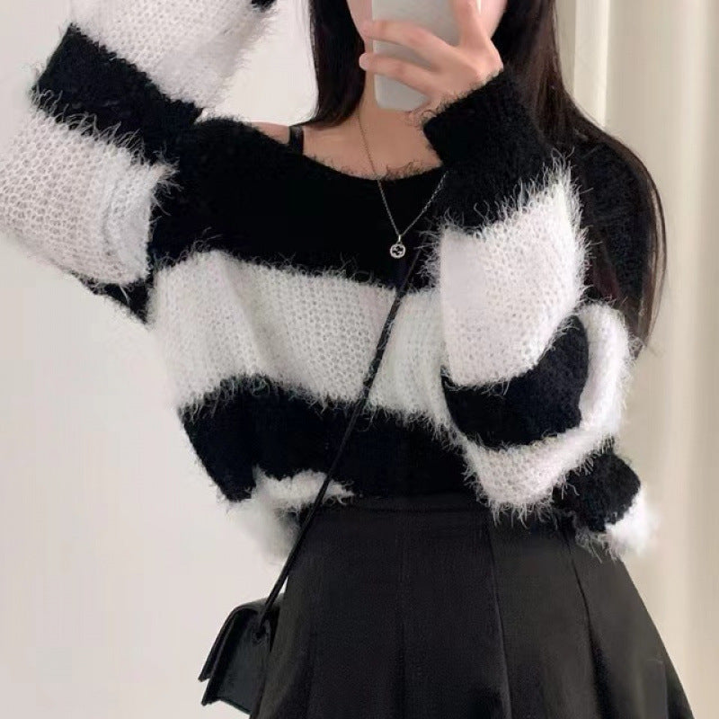 Autumn Winter Retro Lazy And Loose Round Neck Contrast Color Striped Sweater