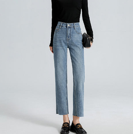 Burr Straight Ankle-length Pants Small Stretchy High Waist Slimming Commuter