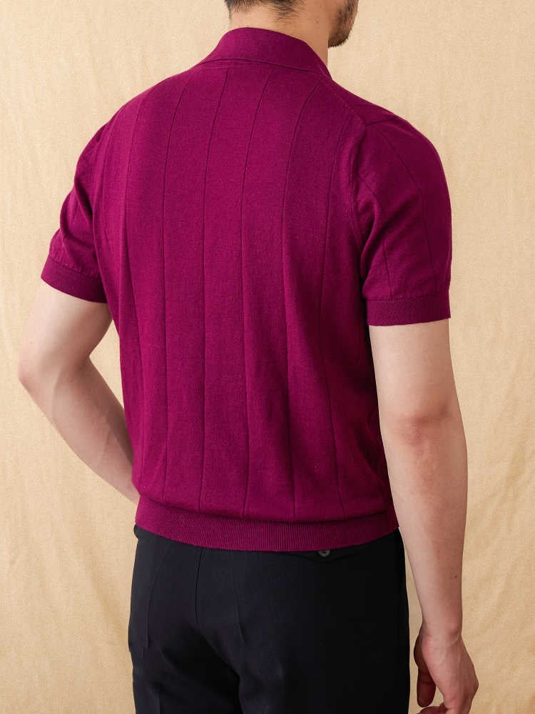 Cotton And Linen Sunken Stripe Knitted Short Sleeve POLO Seagull Collar Top