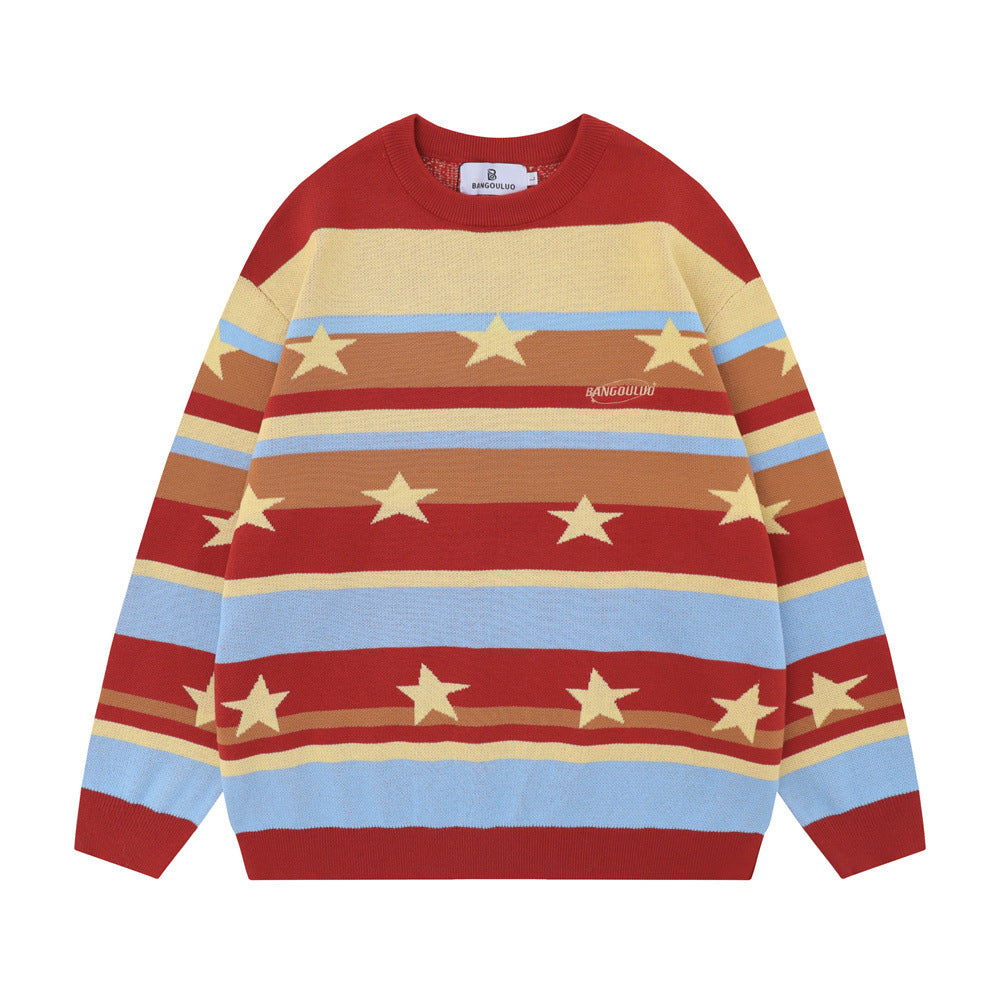 Contrast Color Striped Full Printed Five-pointed Star Round Neck Sweater For Women