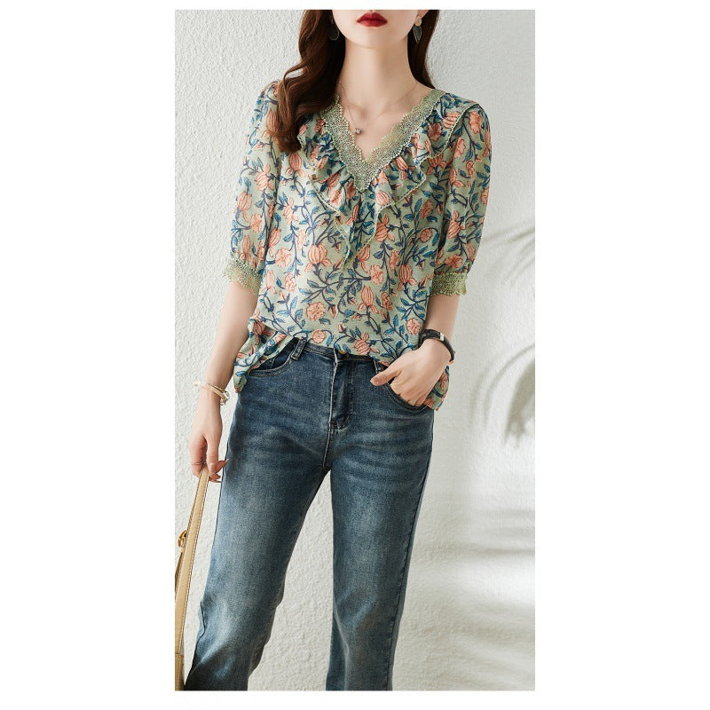 V-neck Floral Chiffon Shirt For Women