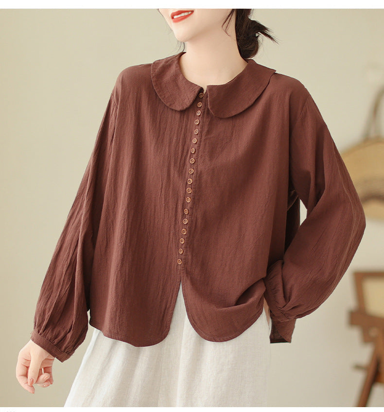 Women's Simple Doll Collar Cotton Linen Long Sleeve Blouse