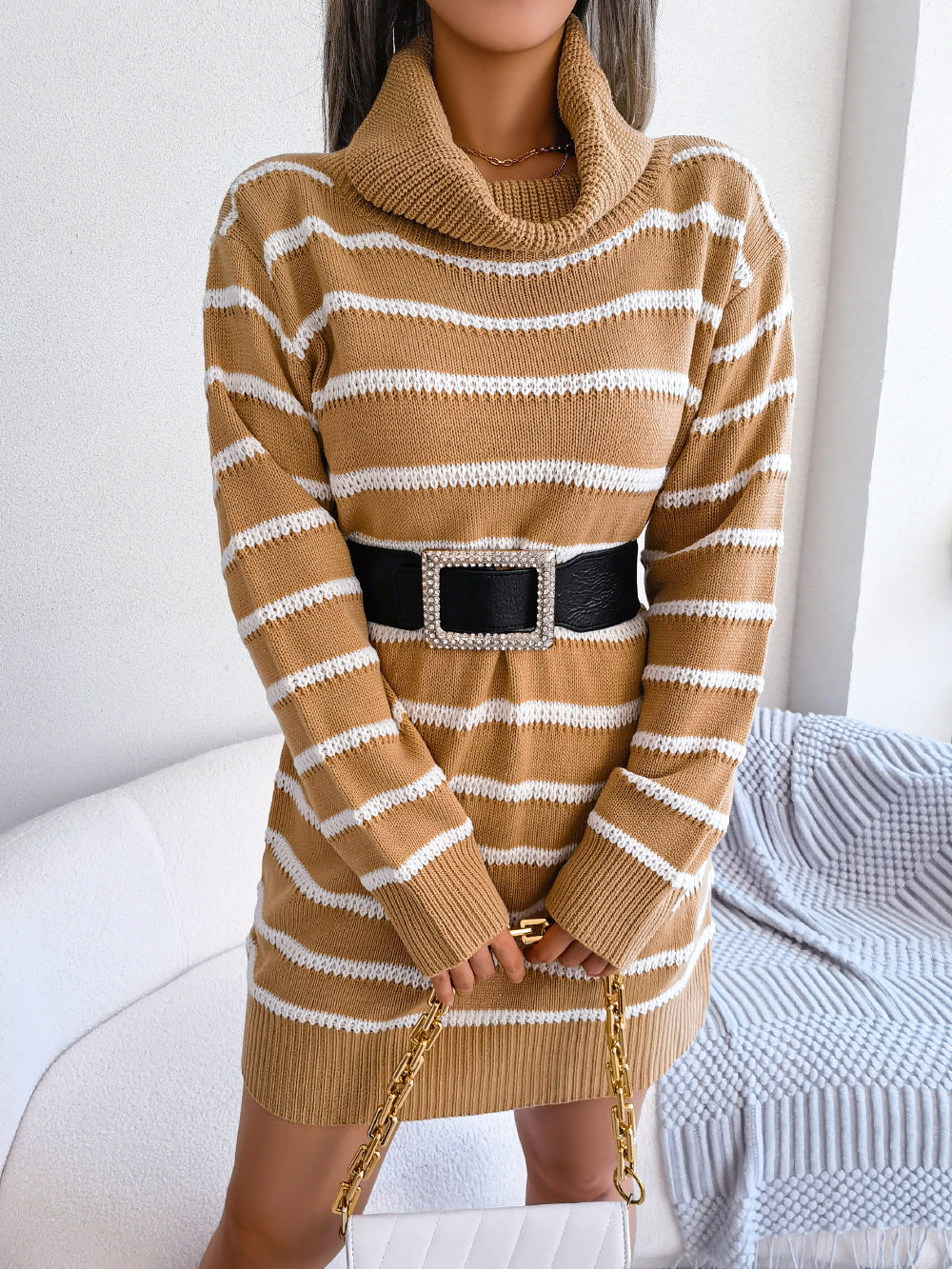 Casual Turtleneck Striped Dress Long Sleeve Base Sweater Dress