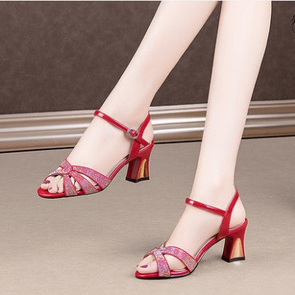 Summer New Fashion All-match One-word Buckle Mid-heel Women's Shoes
