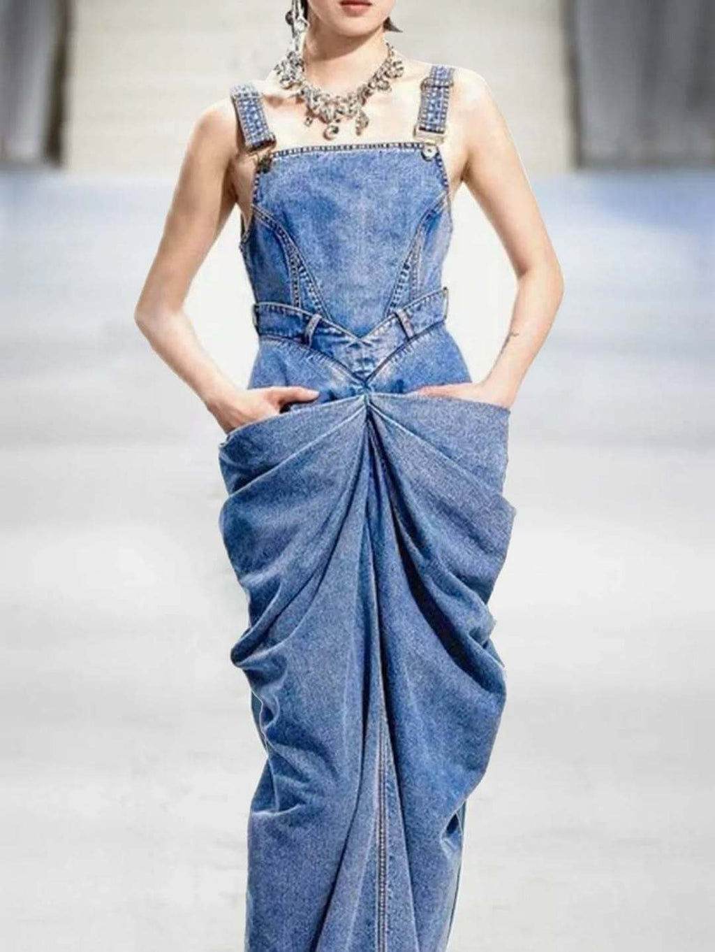 Denim Suspender Pleated Dress
