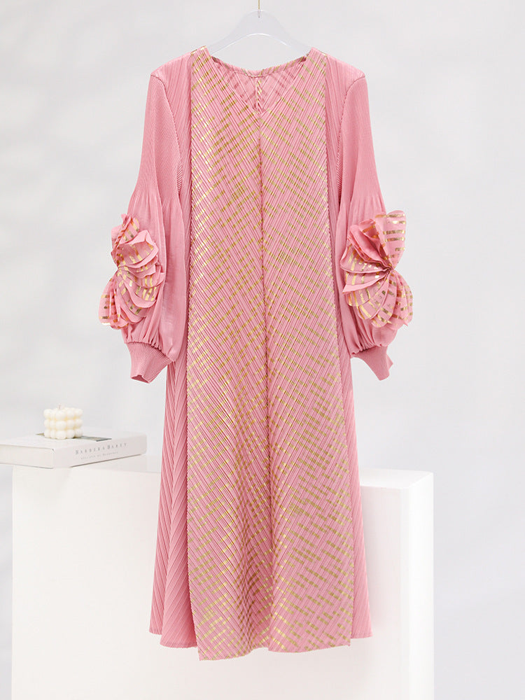 High-grade Bronzing Plate Flower V-neck Temperament Mid-length Pleated Dress
