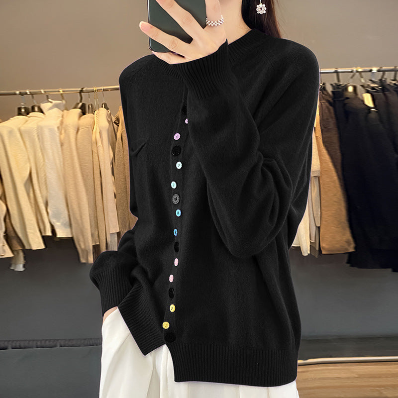 Women's Round Neck Knitted Cardigan With Color Buckle Inner Wear Blouse