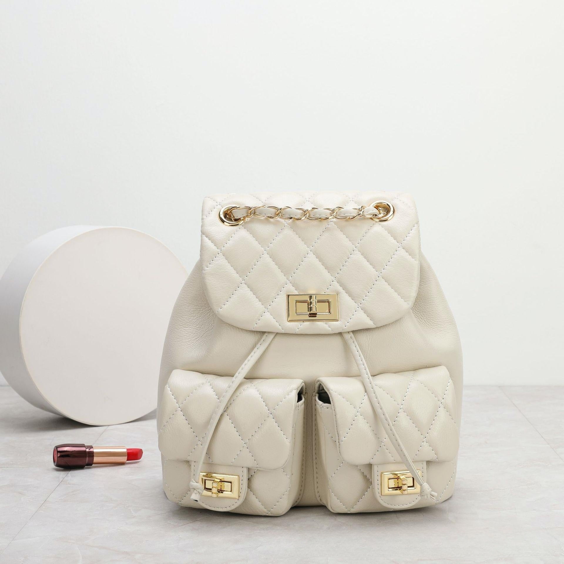 First Layer Cowhide Rhombus Chain Backpack Advanced Texture All-matching