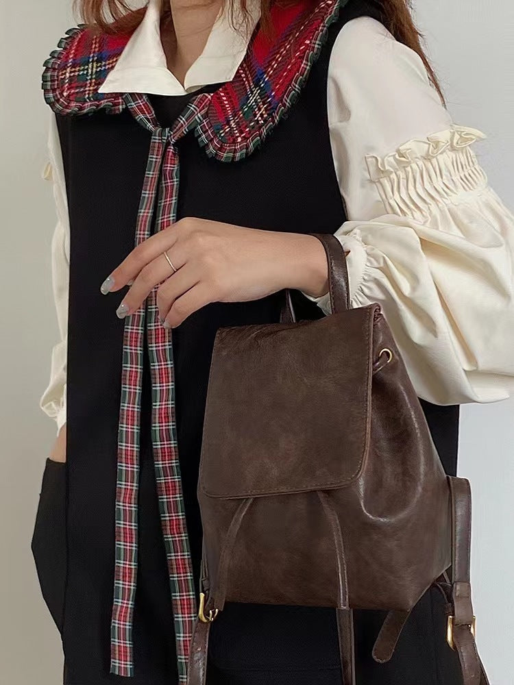 Retro Brown Backpack Women's Simple Literary Shoulder Bag