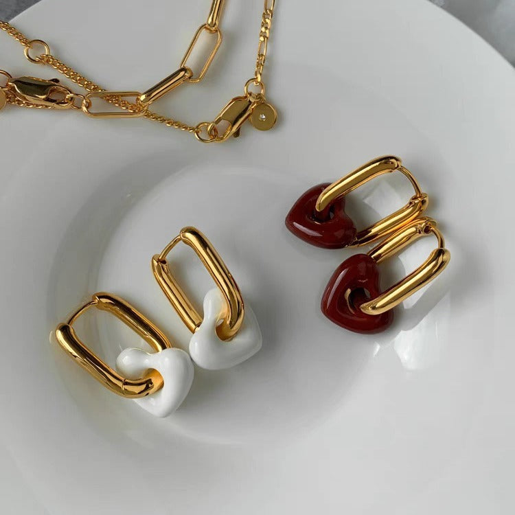 Titanium Steel Vintage Dripping Oil Red Love Heart Earrings Women