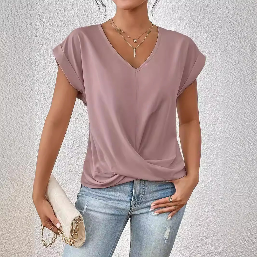Solid Color V-neck T-shirt Elegant Short Sleeved Top For Spring And Summer Women's Clothing