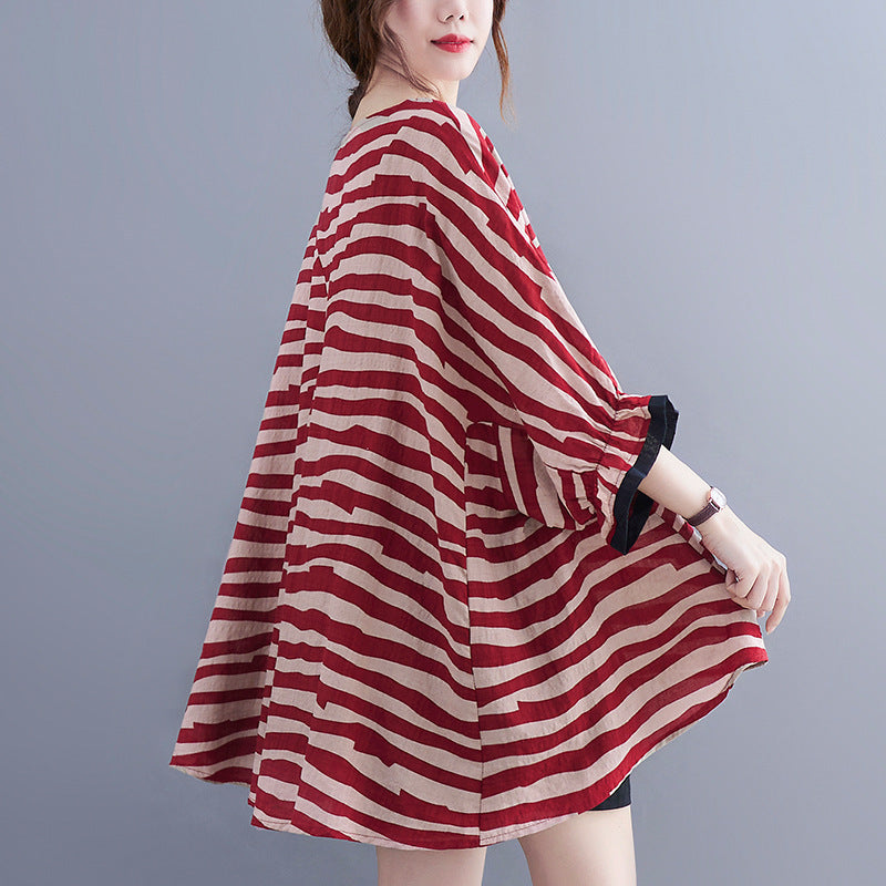 Summer Women's Loose Plus Size Striped Batwing Sleeve T-shirt