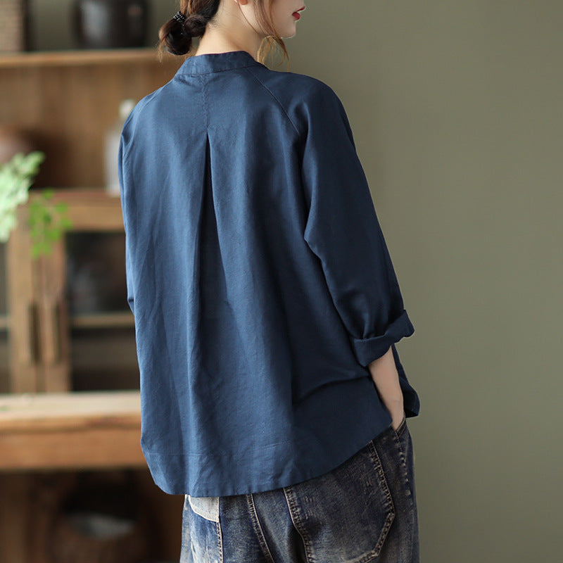 Retro Cotton And Linen Shirt Lady Literature Loose Lapel Long Sleeves Shirt