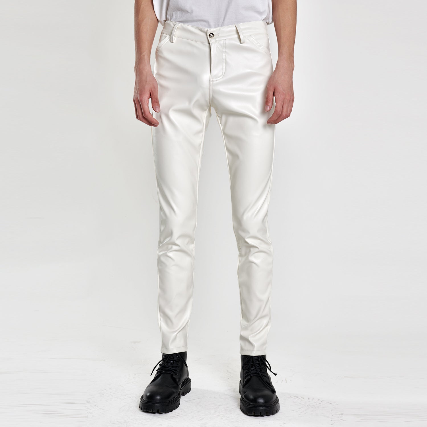 Men's Stretch Slim Fit Popular Green Bar Orange Orange Breathable Leather Pants